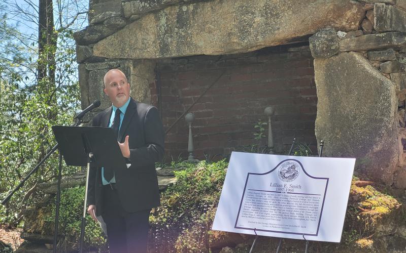 Megan Broome/The Clayton Tribune. Matthew Teutsch, director of the Lillian E. Smith Center, speaks at the dedication and unveiling of the Georgia Civil Rights Trail historical marker recognizing writer and activist Lillian Eugenia Smith on April 20. It was erected by the The Georgia Historical Society (GHS) in conjunction with the Lillian E. Smith Center at Piedmont University.