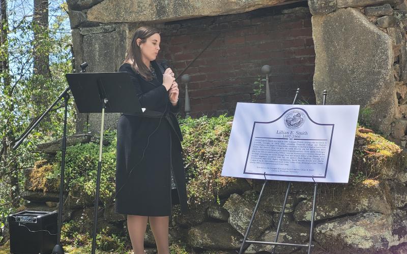 Megan Broome/The Clayton Tribune. Elyse Butler, Georgia Historical Society Marker Manager, speaks at the dedication and unveiling of the Georgia Civil Rights Trail historical marker recognizing writer and activist Lillian Eugenia Smith on April 20. It was erected by the The Georgia Historical Society (GHS) in conjunction with the Lillian E. Smith Center at Piedmont University.