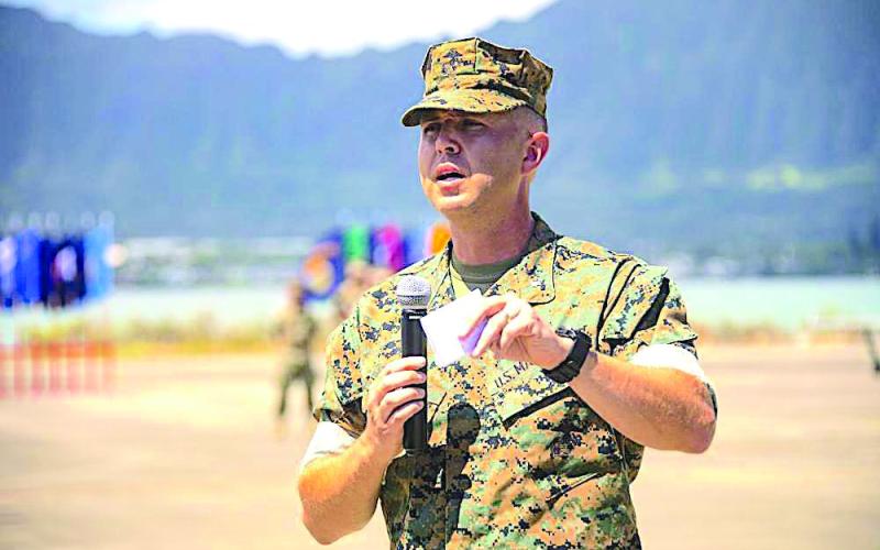 Submitted photo. Lt. Col. Nicholas B. Law addresses the crowd and marines gathered for the change of command ceremony on June 3.