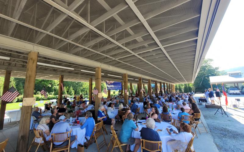 Megan Broome/The Clayton Tribune. About 200 people attended the Fourth Annual Blue BBQ hosted by the Rabun County Democrats at the Rabun County Pavillions in Clayton July 23. Attendees listened to guest speakers who are part of the local and state Democratic parties and heard the campaign platforms for candidates running for office.
