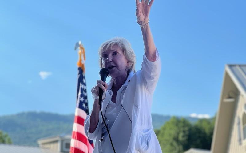 Dee Daley/Rabun County Democrats. June Krise, candidate for Georgia House District 8, speaks to attendees at the Fourth Annual Blue BBQ hosted by the Rabun County Democrats at the Rabun County Pavillions in Clayton July 23. Krise spoke about the importance of voter participation and combating restrictive abortion laws.