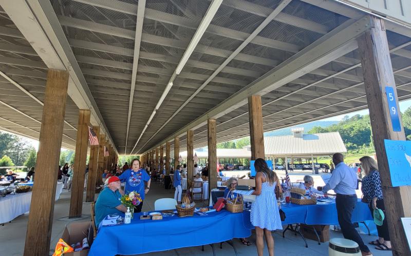 Megan Broome/The Clayton Tribune. About 200 people attended the Fourth Annual Blue BBQ hosted by the Rabun County Democrats at the Rabun County Pavillions in Clayton July 23. Attendees listened to guest speakers who are part of the local and state Democratic parties and heard the campaign platforms for candidates running for office.