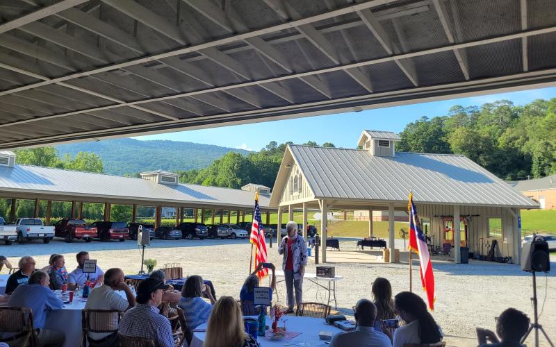 Paulette Williams, candidate for Georgia Senate District 50, speaks to attendees at the Rabun County Democrats Blue BBQ July 23. Williams talked about being a team player to work for the needs of her constituents and how proud she is to represent the Democrats. Megan Broome/The Clayton Tribune.