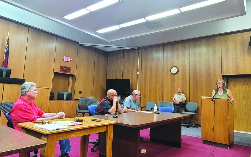 Megan Broome/The Clayton Tribune. Rabun County resident Lori Gamble-Barrett speaks to commissioners about questions and concerns regarding a projected county property tax increase of 11.14 percent during a public hearing on Aug. 11.