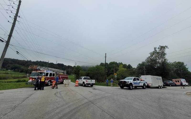 Megan Broome/The Clayton Tribune. A portion of Kellys Creek Road from the area of Yorkhouse Road to the entrance of Vulcan Materials Company was closed for hours following a crash where a commercial vehicle carrying “blasting agents” overturned on its side early Tuesday morning at Kellys Creek Road in Rabun Gap. Dozens of residents were evacuated from the area.