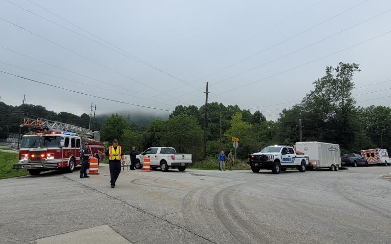 Megan Broome/The Clayton Tribune. A portion of Kellys Creek Road from the area of Yorkhouse Road to the entrance of Vulcan Materials Company was closed for hours following a crash where a commercial vehicle carrying “blasting agents” overturned on its side early Tuesday morning at Kellys Creek Road in Rabun Gap. Dozens of residents were evacuated from the area.