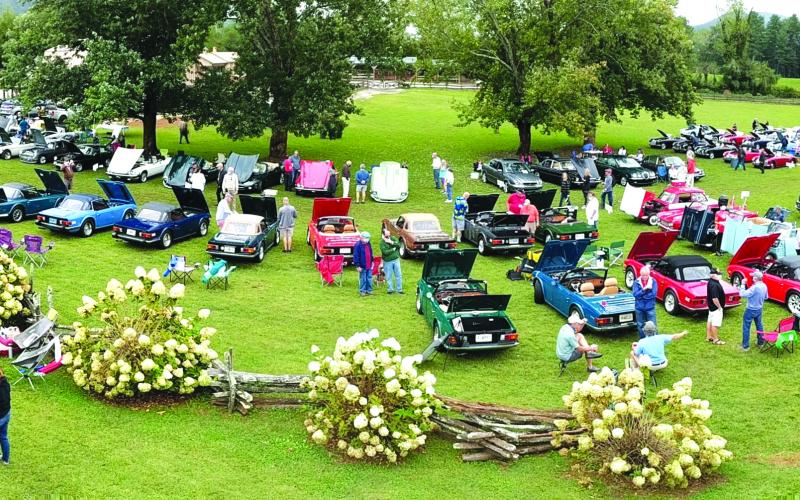 Photo courtesy of Peachtree MG Registry. An aerial view at the last Southeast British Car Festival in Dillard displays the vintage, colorful autos.