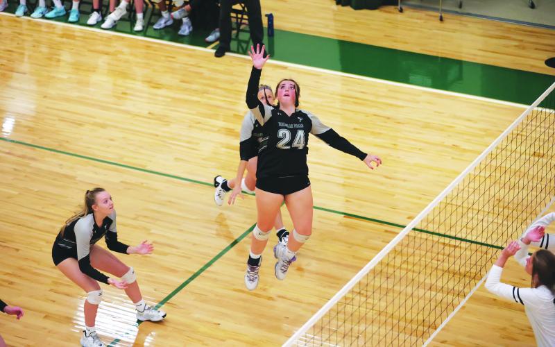 Courtesy of Austin Poffenberger. Senior Addy McCoy goes up for a hit on Monday night. After a nine day break, the Lady Indians have picked up where they left off with four straight wins.