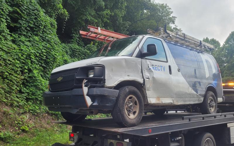 Megan Broome/The Clayton Tribune. A view of one of the vehicles after a two-vehicle crash on Georgia Highway 246 at the intersection of Scenic Overlook in Sky Valley on Aug. 19.