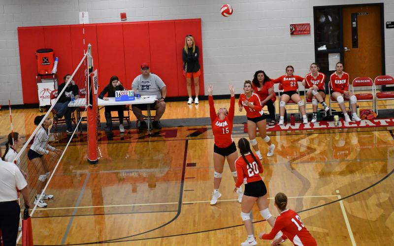 Luke Morey/The Clayton Tribune. Senior Allana Jones sets the ball for outside hitter sophomore Arabella Nepa on last Thursday. The Lady Cats split, falling to Prince Avenue Christian before beating Elbert County.