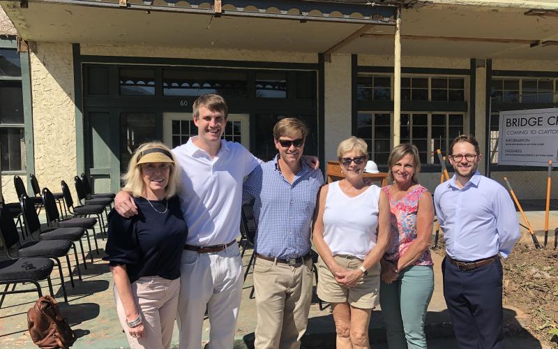 Tony Penrose/The Clayton Tribune. City Council Althea Bleckley, Mat Barnwell, Tyler Caswell, Clayton DDA Chair Cassandra Clouser, Clayton City Manager Trudy Crunkleton and Peter Evers attend the groundbreaking of the Bridge Creek Inn Sept. 21.