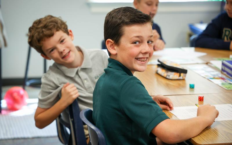 Photo courtesy of Rabun Gap-Nacoochee School. Oscar DeWandeler ’31 of Franklin, N.C., front, and Ethan Rolader ’31 of Sky Valley, Ga., on the first day of school at Rabun Gap-Nacoochee School.