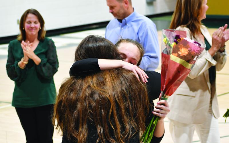 Luke Morey/The Clayton Tribune. RGNS volleyball three seniors Claren Spivey, Cheney Moriarty and Calea Jakson were honored by head coach Zoe Kennedy and Amy Westbrook on Oct. 12.