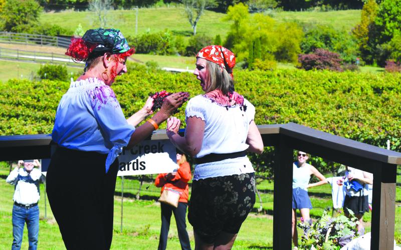 Enoch Autry/The Clayton Tribune. Alice “Patty” Patton Estes enjoys smearing mashed up grapes on Debbie Martin during a Rabun Entertainers skit at the Stonewall Creek Vineyards “Harvest Stomp” on Oct. 8 at the business at 323 Standing Deer Lane in Tiger. The event had wine tasting, live music, food, and the chance to stomp on grapes. The participants received T-shirts they could imprint their handprints.