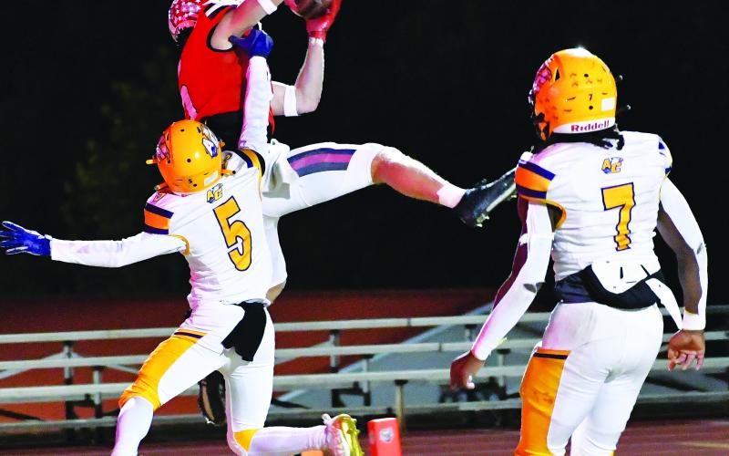 Luke Morey/The Clayton Tribune. Rabun County senior wide reciever Jaden Gibson hauls in a back shoulder fade over freshman defensive back Braxton Goolsby. Gibson had four touchdowns on the night and 115 receiving yards.