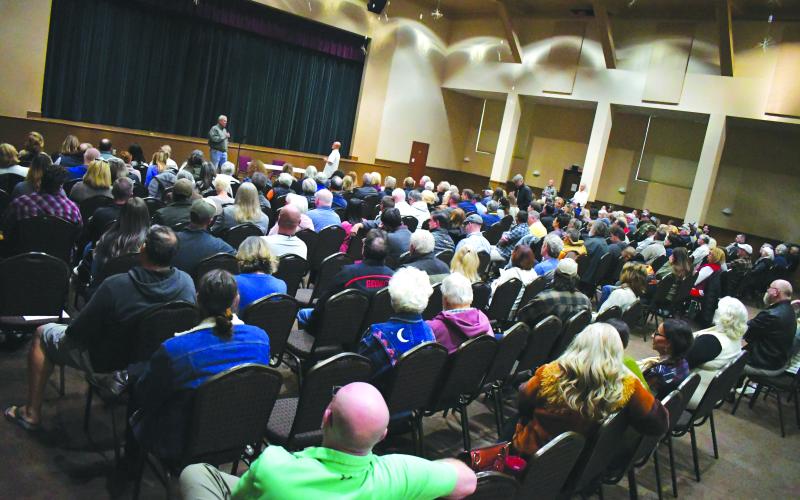 Enoch Autry/The Clayton Tribune. Over 200 attended Tuesday’s public forum as dozens spoke about the Rabun County Commission’s proposed Short-Term Rental Ordinance. The forum stayed to its set 90-minute time, but more wanted to speak. Commissioner Scott Crane with Commissioner Kent Woerner hosted the event.