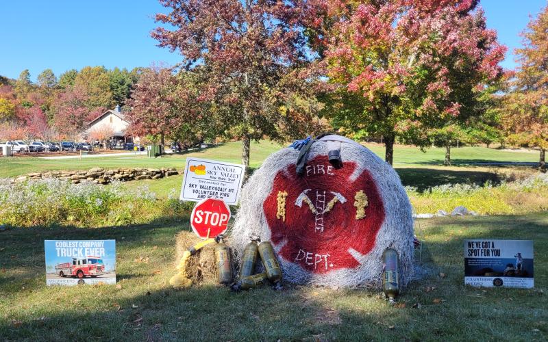 Megan Broome/The Clayton Tribune. The Sky Valley-Scaly Mountain Volunteer Fire Department decorated a hay bale for the Sky Valley Hay Bale Trail that visitors could enjoy while traveling through the city of Sky Valley.