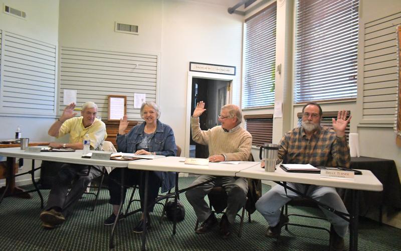 Megan Broome/The Clayton Tribune. Sky Valley Council members vote to adopt the 2022 millage rate of 12.9914 and 2023 budget at a special called meeting Sept. 27. Pictured are Council Member Tony Allred, Mayor Hollie Steil, Council Member Jim Curtis and Council Member Bruce Turner. Council Member Bill Oliver was not present due to a medical procedure.