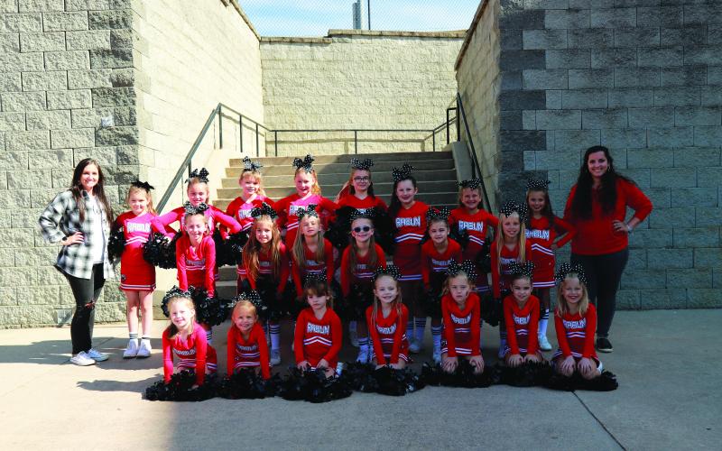 8U cheerleaders, coached by Heather Bedingfield: Oliva (Shay) Alvarado; Nora Kate Bedingfield; Julie Blake; Molly Blake; Sarah Blake; Sollee Byrd; Lilli Cicala; Mia Cicala; Calli Coleman; Ava Dixon; Liberty Gregoire; Beau McCraw; Zoey Murray; Bailynn Ramey; Starla Roberts; Nora Stephens; Arbour Wright; Shiloh Welborn; Tallulah Grace Welborn; Everly Youngblood; and Emsley Youngblood.