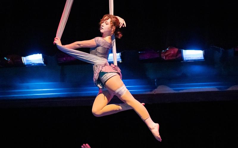 Photo courtesy Megan Morris/Rabun Gap-Nachoochee School. Amara Scott ’23 of Otto, N.C., performs in Cirque Fantôme at Rabun Gap-Nacoochee School.