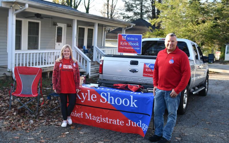 Megan Broome/The Clayton Tribune. Write-in Candidate for Rabun County Magistrate Judge Kyle Shook and his wife Sonya campaign on Election Day Tuesday, Nov. 8.