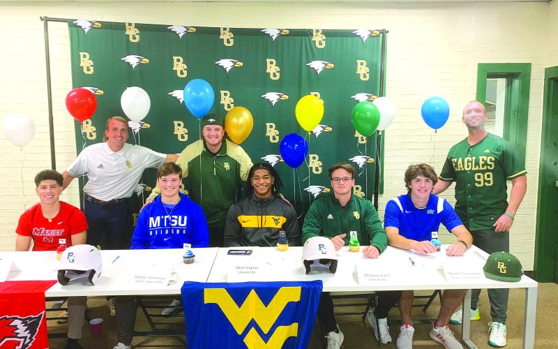 Submitted photo. On Nov. 9, five Rabun Gap-Nacoochee baseball seniors signed to play at a college level. From left, Lewis Rodriguez signed at Marist; Luke Earnhardt signed with Middle Tennessee State; Armani Foster signed at West Virginia; Brady Roulier signed with Missouri S&amp;T, while Dylan Alonso joined Earnhardt signing at Middle Tennessee State. The five seniors are joined by from left, coaches Pearce Wright, Connor Cohea and Clark Wright.