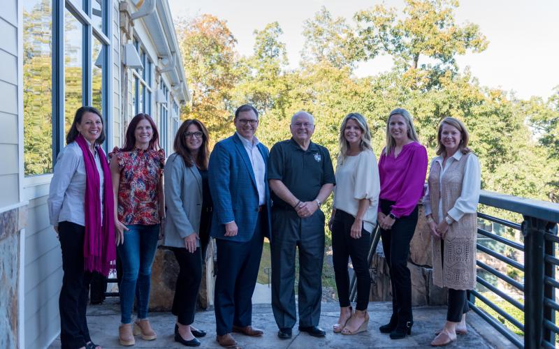 E. Lane Gresham/Tallulah Falls School. Shown in the photograph (from left) are Administrative Assistant to the President Melody Henderson, Joanna Radford, Maggie Rickman, Stacy Hall, Larry A. Peevy, Holly Borrow, Audrey Borchers and Heather NeSmith.