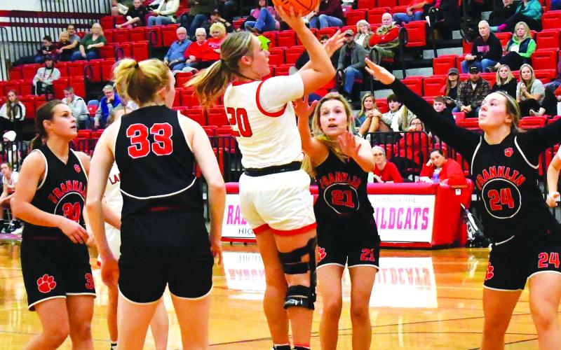 Luke Morey/The Clayton Tribune. Junior Ellie Southards goes up for a shot against Franklin on Saturday, Dec. 10. Southards scored 13 in the game and is averaging 17 on the season.
