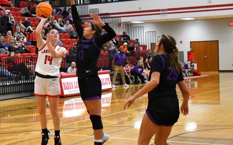 Luke Morey/The Clayton Tribune.  RCHS sophomore Jacie McCall hits a floater against Walhala on Friday night. McCall has been getting more minutes as the season wears on, scoring seven points against Walhalla with three rebounds.
