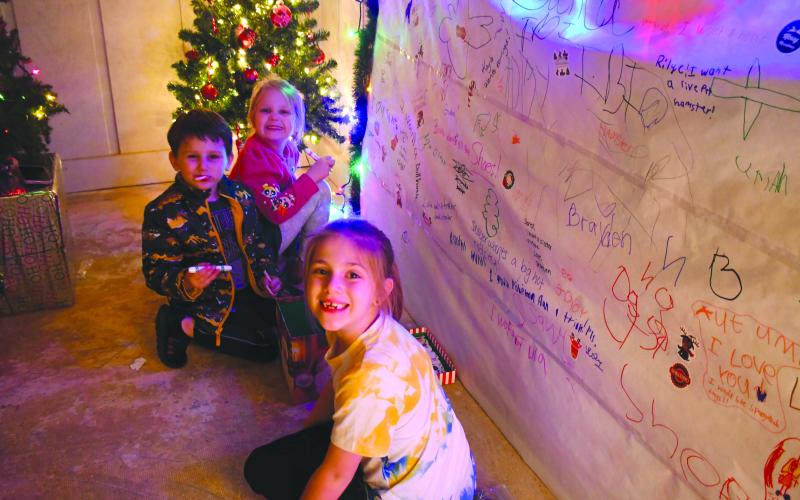 Megan Broome/The Clayton Tribune.  Leland, 4, Karsyn, 6, and Raedyn, 8, smile as they color and have a great time at the Christmas Village of Lights display in Tiger.