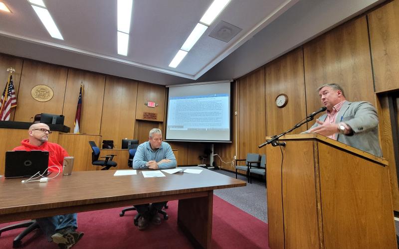 Megan Broome/The Clayton Tribune. County Attorney Allyn Stockton discusses the short-term rental ordinance with Rabun County commissioners Tuesday evening.
