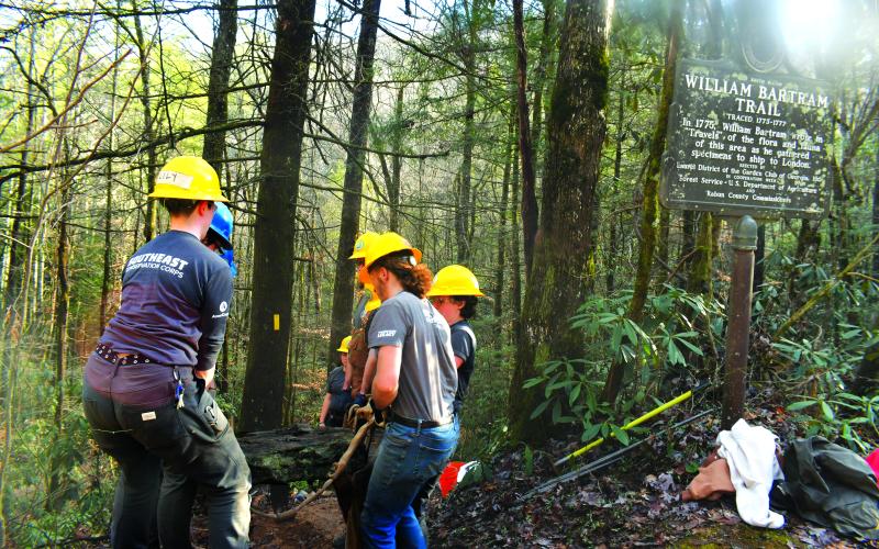 Megan Broome/The Clayton Tribune. Crew members with the Southeast Conservation Corps work together to carry large and heavy stones to a portion of the Bartram Trail at Warwoman Dell in order to build a set of stone stairs on the popular and highly-used trail.