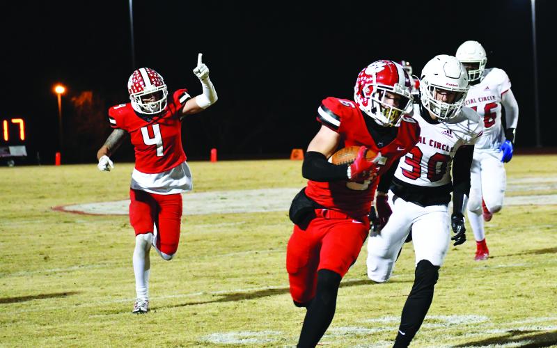 Luke Morey/The Clayton Tribune. Senior wide receiver Jaden Gibson takes an out route to the house in a GHSA Playoff game against Social Circle on Friday, Nov. 18. Gibson was named to the All-State team on Monday, Jan 9.
