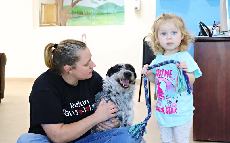 Photo courtesy by Lisa Broz. Becca McClain, Rabun Paws 4 Life shelter director and manager of animal health (left) and 2-year-old Jentry McClain play with “Hops” at the shelter. “Hops” is a one-year-old German short-haired pointer.