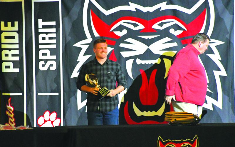 Luke Morey/The Clayton Tribune. RCHS senior Jet Galbreath was awarded the PAW Award on Feb. 5. The PAW Award is given to the player who best represents Rabun County football. Galbreath played a crucial role in the middle of the Rabun County defense at the nose tackle position. For his efforts, Galbreath was named to the All-Region team in 2022. Galbreath also wrestles for Rabun County, placing second in area over the same weekend where he earned the PAW Award.