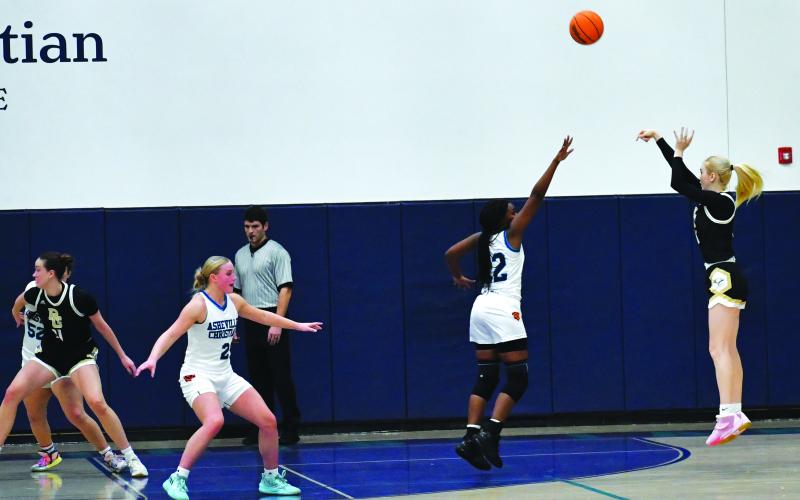 Luke Morey/The Clayton Tribune. RGNS junior Monna Julkunen puts up a shot against Asheville Christian Academy on Thursday, Feb. 2. Julkunen ended with 12 points as the Lady Eagles won 55-33.