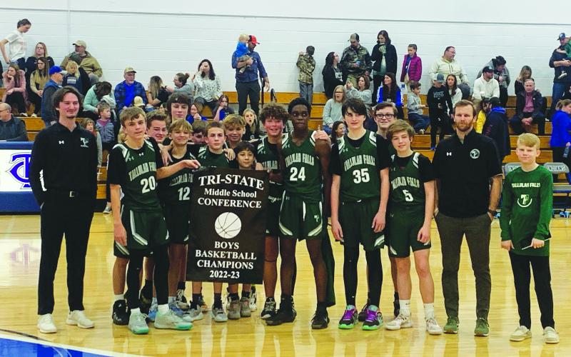 TFS Athletics. LEFT: The Tallulah Falls Middle School basketball team won their fourth Tri-State title in school history on Saturday, Jan. 28. Pictured from left: Coach Jake Carver, Asa Popham, William NeSmith, Lincoln Hicks, Jackson Cantrell, Jack Greene, Isaac Farris, Ryder Cantrell, Ethan Phasavang, Derrick Lane, Brian Neely, Brantley Addison, Ryan Anderson, Grant Smith, coach Nathan Stanley and Austin Whitener.