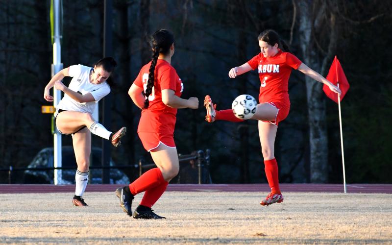 Luke Morey/The Clayton Tribune. TFS senior Addie Higbie scores against Rabun County on Tuesday, March 7. On Thursday, March 9, Higbie scored a school record six goals against Elbert County, reaching 22 goals on the season, which is also a record for most goals in a season for a girls player. Higbie was the previous record-holder with 21 her junior year. Higbie and the Lady Inidians next take on Elbert County on Thursday, March 16, for senior night.