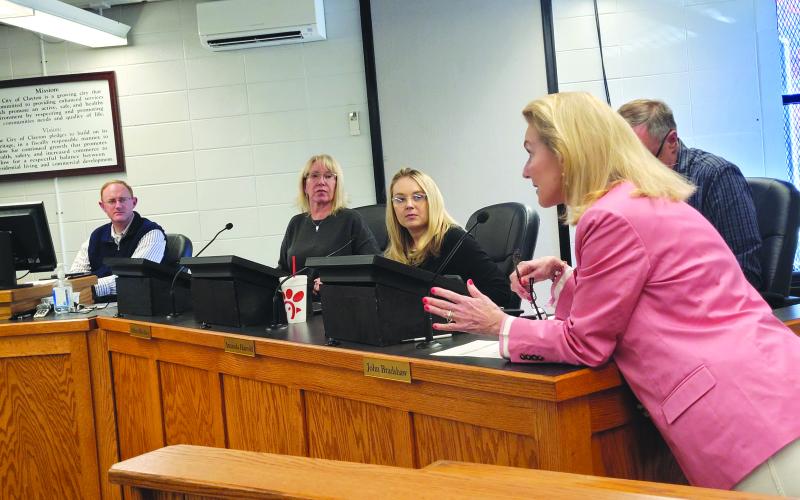 Megan Broome/The Clayton Tribune. Clayton resident Libby Farley tells Clayton City Council members Tuesday afternoon it is important to take the time to make positive changes in the community. Farley said the environmental impact certain projects cause should be considered.