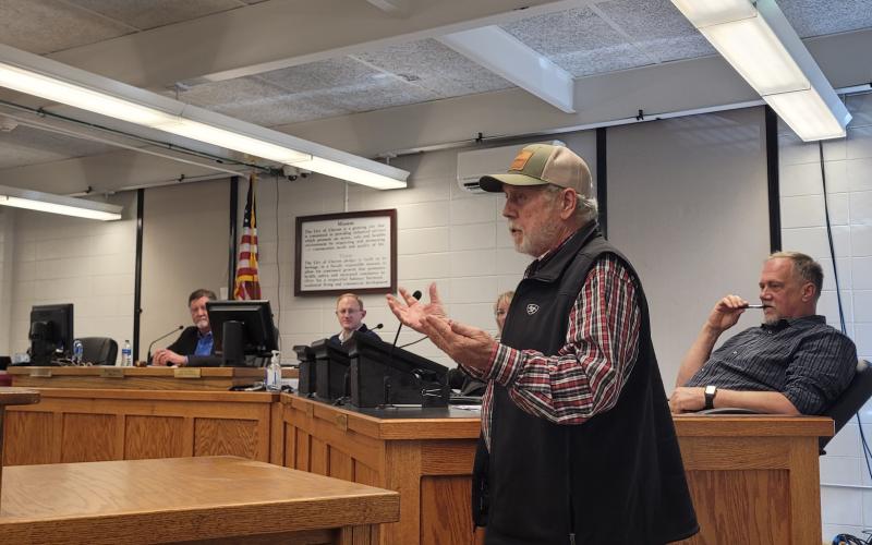 Megan Broome/The Clayton Tribune. Clayton resident Curtis Beck spoke at Tuesday’s meeting and said he has lived in Clayton for 82 years. He expressed concerns with his road needing to be fixed and problems with water at his home. He said he is concerned that if high-density developments continue in the city, he will be completely out of water.