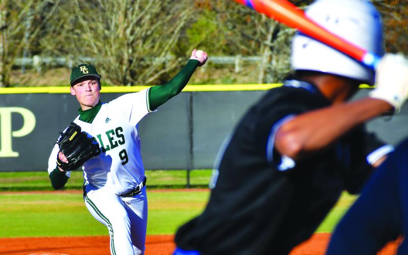 Luke Morey/The Clayton Tribune. Rabun Gap-Nacoochee senior Luke Earnhardt hurls a pitch against Smoky Mountain on Thursday, March 17.