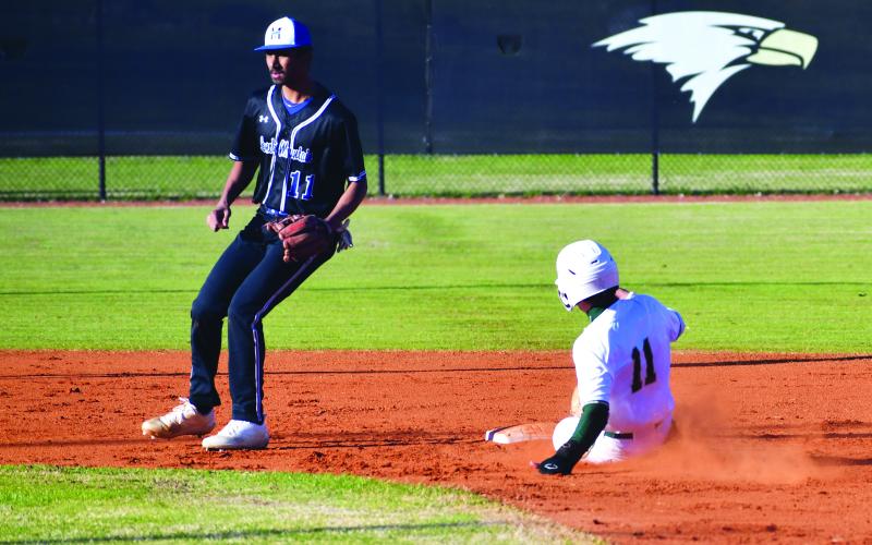 Luke Morey/The Clayton Tribune. Rabun Gap senior Lewis Rodriguez slides into second base against Smoky Mountain on Thursday, March 17. Rodriguez, batting first for the Eagles, is a part of the stout senior class that has led the Eagles to an 8-0 start to their season.