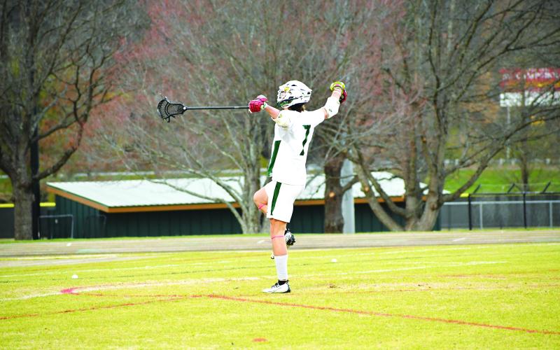 Luke Morey/The Clayton Tribune. Rabun Gap’s Marshall Pritchett celebrates a goal against North Oconee on Tuesday, March 21. Pritchett and the Eagles have gotten off to a 5-1 start to their season after losing 14-7 to undefeated North Oconee.