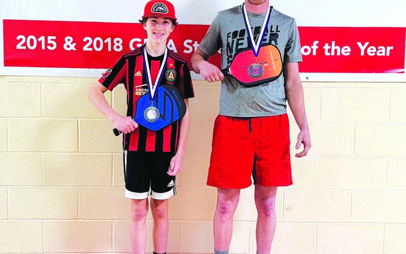 Photography by Tribune staff and Rabun County Recreation Department staff. Kamden Treff (left) and Sterling Darnell won the gold medal forthe 3.0 skill level from ages 14 to 59 at men’s doubles. Treff also secured the gold medal in men’s singles from the age bracket of 14 to 59.