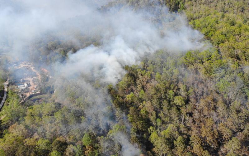 Photo courtesy Brian Panell. This aerial view shows a wildfire that started on the shoulder of Bettys Creek Road near Colony Road in Dillard April 19. Multiple agencies responded to the scene and the wildfire burned 9.3 acres.
