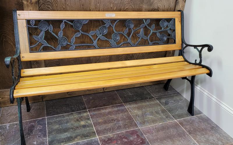 Megan Broome/The Clayton Tribune. This bench dedicated to the late Bob Powers will be placed near the Sky Valley pavilion and post office area in the city.