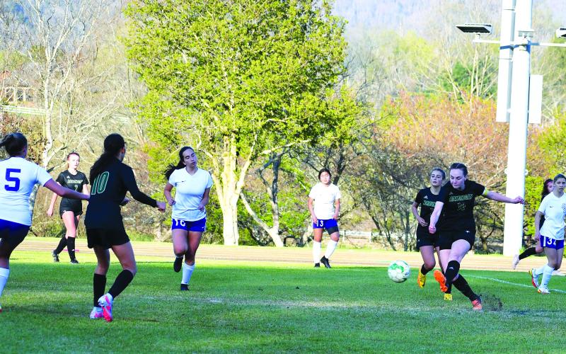 Luke Morey/The Clayton Tribune. Rabun Gap junior Gracie Scott scores against Union County on Thursday, March 30. The Lady Eagles are now 8-0-1 heading into conference play with a match against Asheville Christian Academy on Wednesday, April 5.