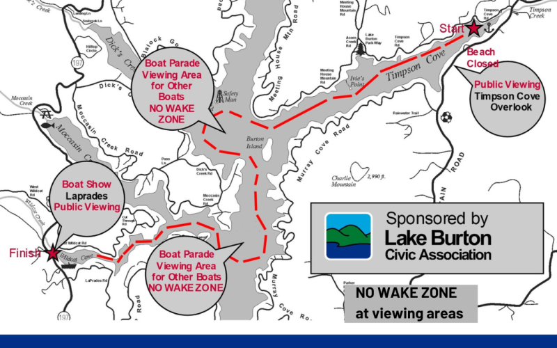 The map of the parade shows the route the boats will take at this year's event. Left: Photo courtesy Conner Horn.  Rabun County is the Wooden Boat Capital of Georgia and Lake Burton Wooden Boat owners hold up the sign at the May 12 Captain’s reception.