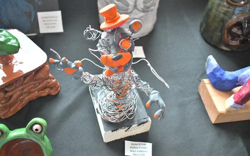 Megan Broome/The Clayton Tribune. This wire sculpture titled "Molten Freddy" was created by Ninth Grader Myles D. Paff.