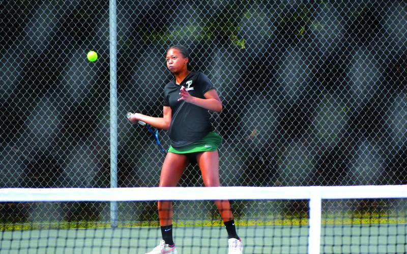 Luke Morey/The Clayton Tribune. Freshman Jaeda-Lee Daniel-Joseph returns a shot against Bleckley County on Monday, May 1. Daniel-Joseph won 6-2, 6-3, but the Lady Indians fell 3-1 to Bleckley in the Elite Eight of the GHSA playoffs.